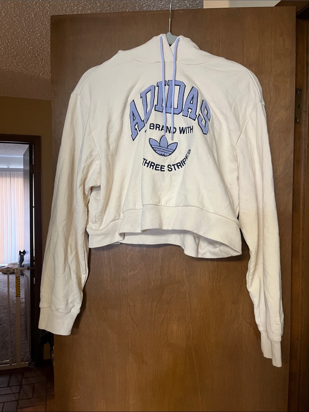 adidas Cream Cropped Hoodie with Light Blue Logo